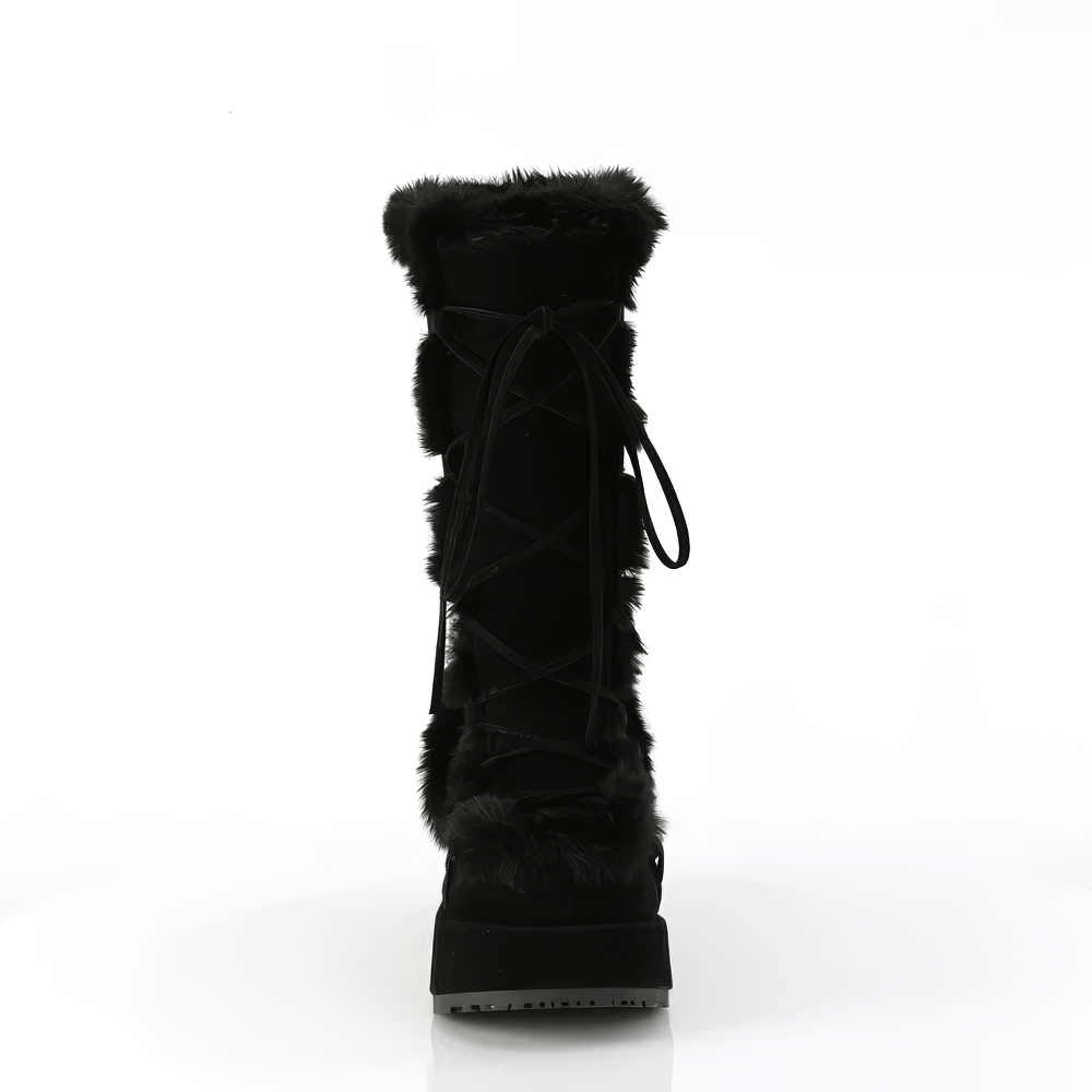 Stylish DEMONIA black faux fur trim mid-calf lace-up boots with a 2 3/4" platform, showcasing a fierce yet elegant look.