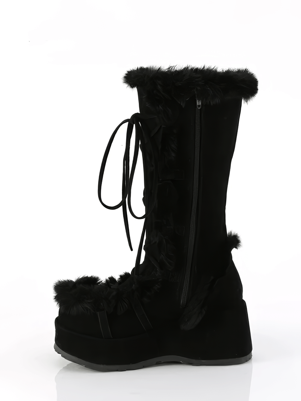 Demonia black faux fur trim mid-calf lace-up boots showcasing luxurious vegan suede and a bold platform design.