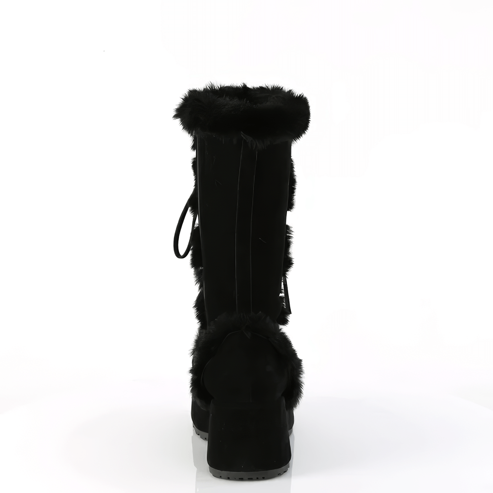 DEMONIA Black Faux Fur Trim Mid-Calf Lace-Up Boots