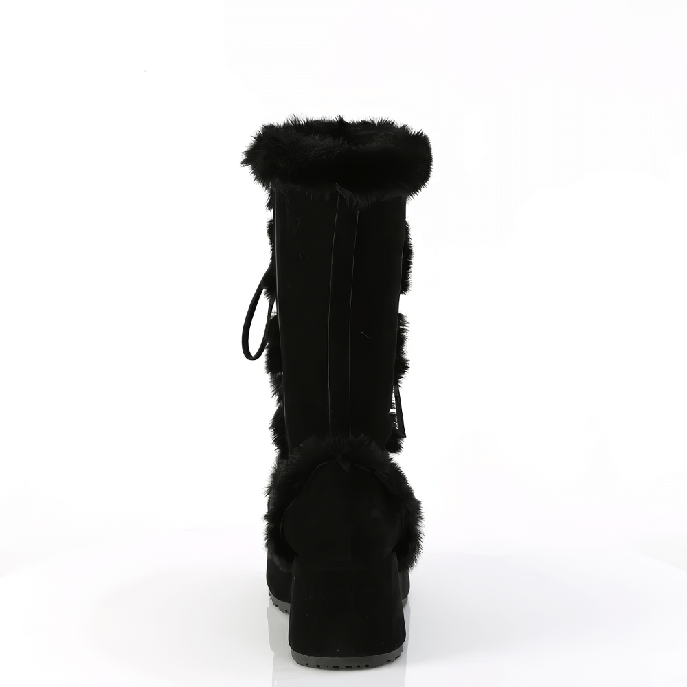 Back view of DEMONIA black faux fur trim mid-calf lace-up boots, featuring a luxurious design and sleek silhouette.