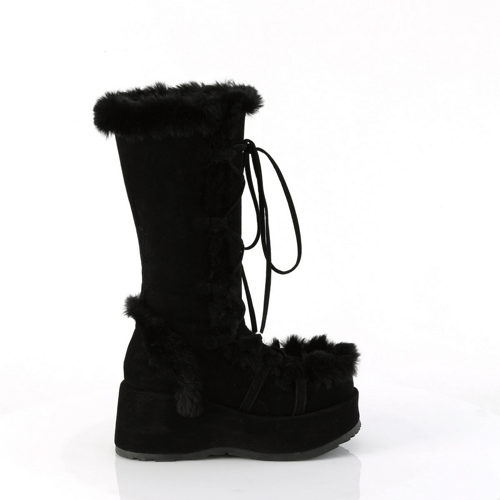 Demonia black faux fur trim mid-calf lace-up boots with a platform for bold style and elegance.