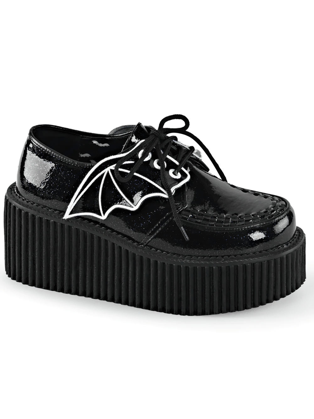 Demonia black glitter creepers with bat wings and platform sole, perfect for edgy alternative fashion.
