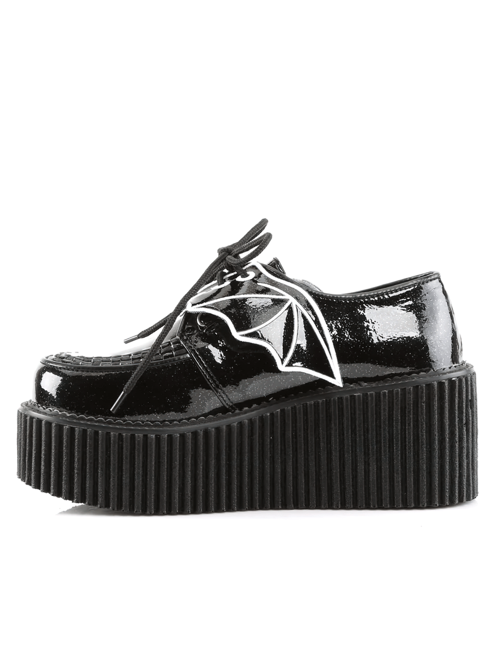 DEMONIA Black Glitter Creepers Shoes with Bat Wings