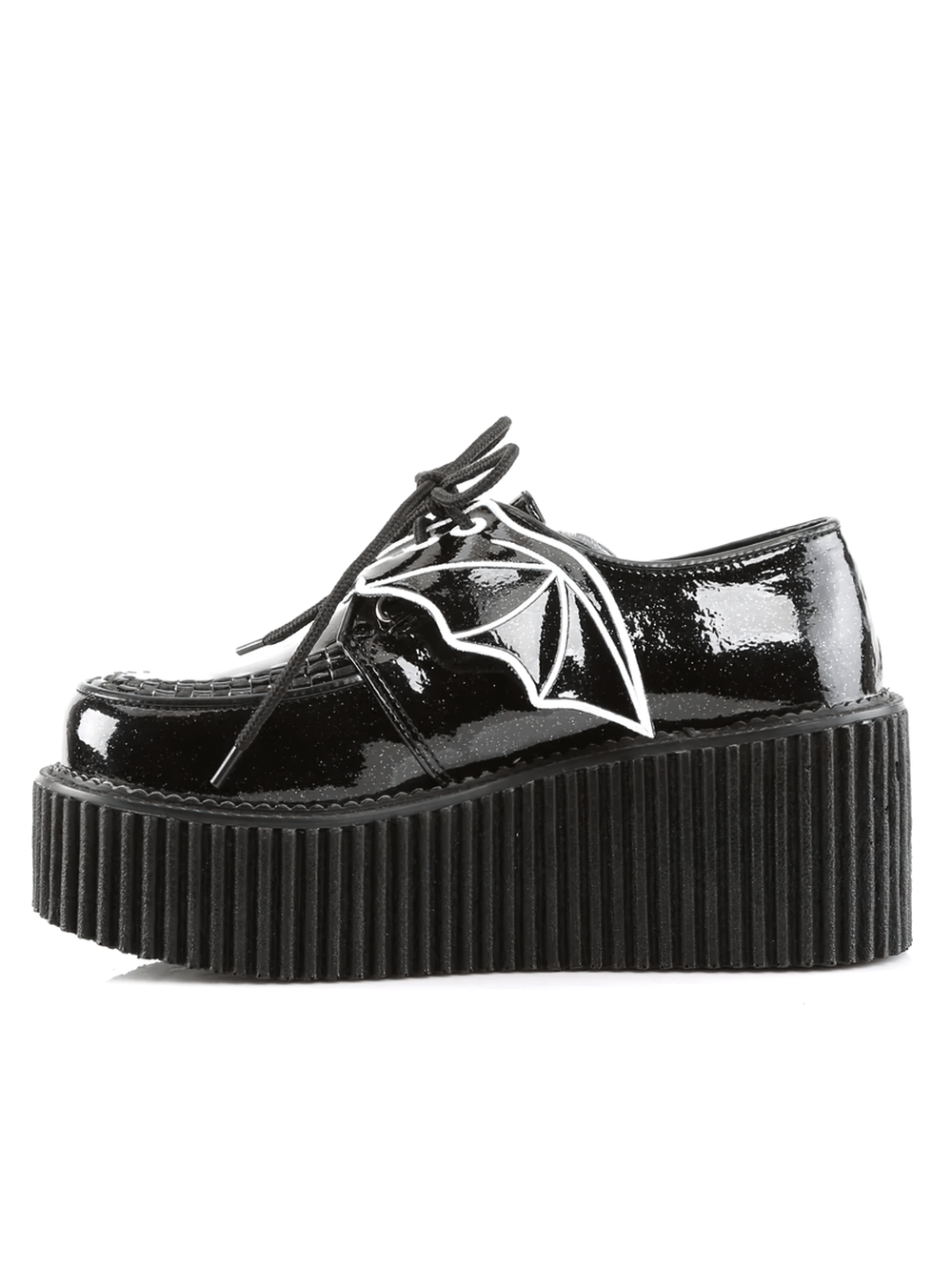 Demonia black glitter creepers with bat wings, 3-inch platform for an edgy, alternative style.