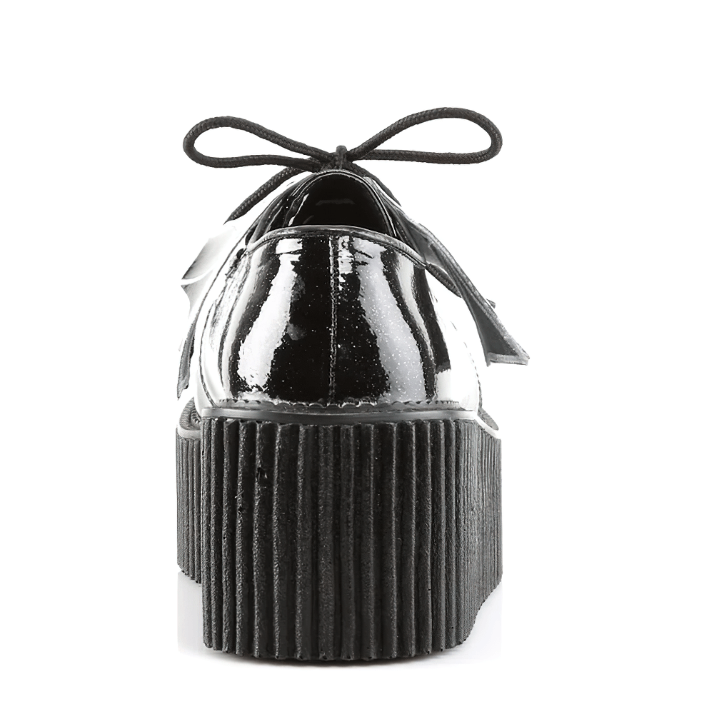 Back view of Demonia Black Glitter Creepers with bat wings, featuring a chunky platform and stylish bow.