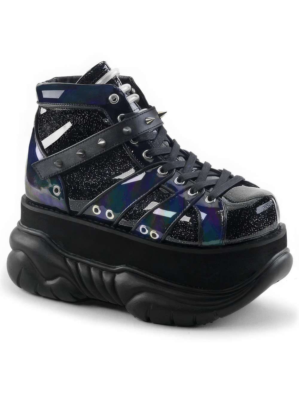 DEMONIA black glitter platform ankle boots with cone studs, bold lace-up design, and studded strap.