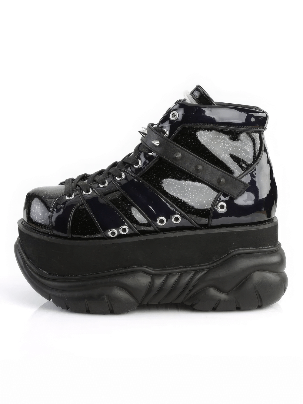 Demonia black glitter platform ankle boots with cone studs and UV reactive detailing for a bold, edgy look.