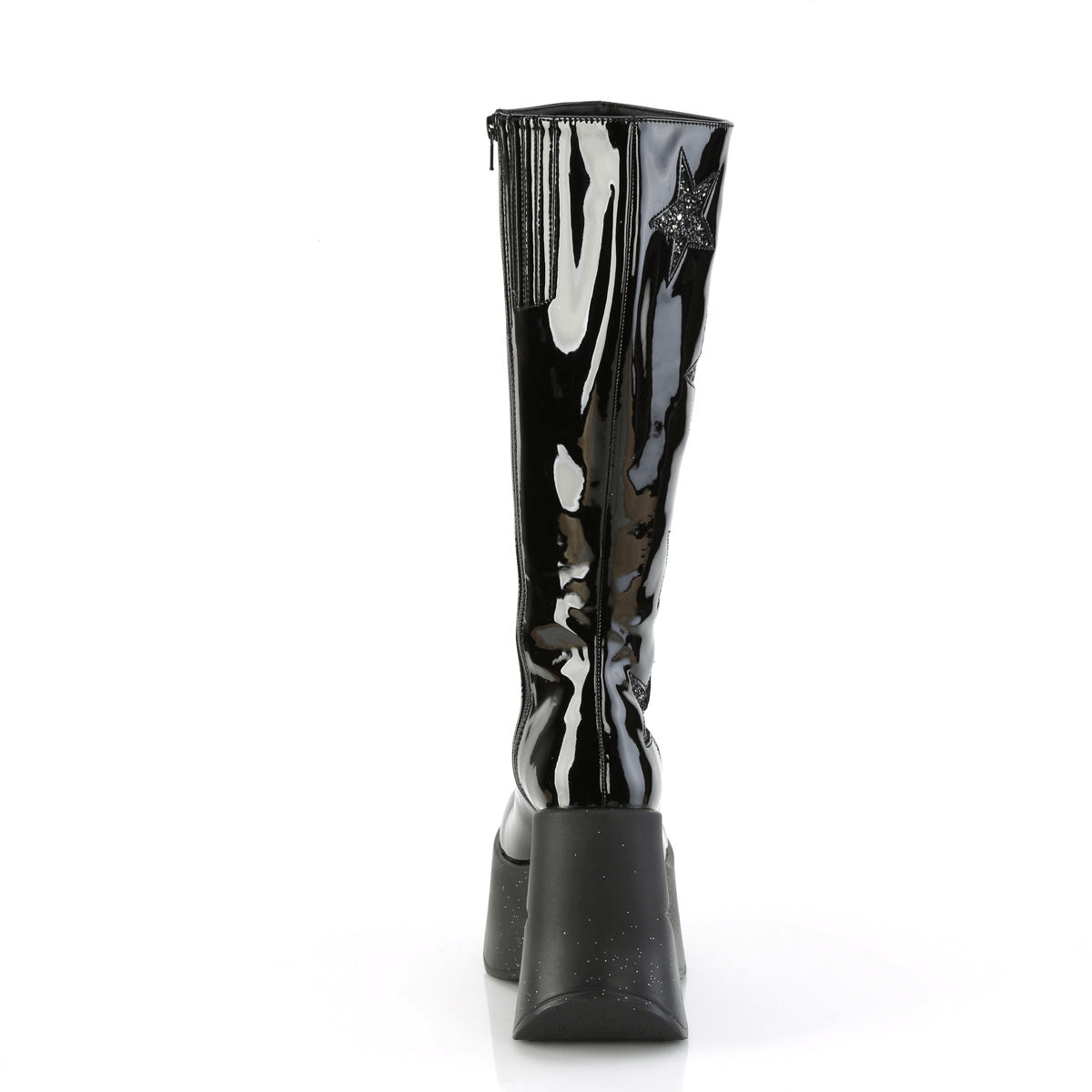 Back view of Demonia black glitter star platform wedge knee-high boots with shiny patent finish and star cutouts.