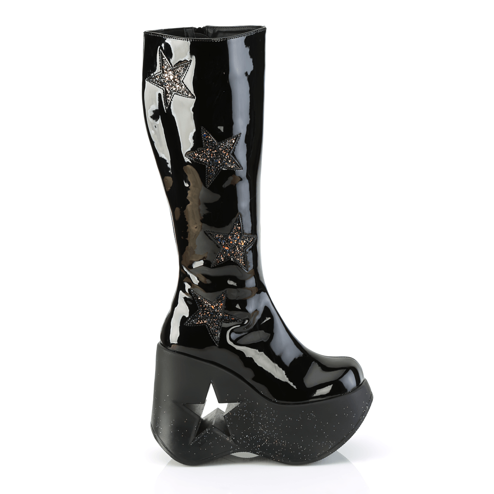 Demonia black glitter star platform wedge knee-high boots showcasing a glossy finish and star cutouts.