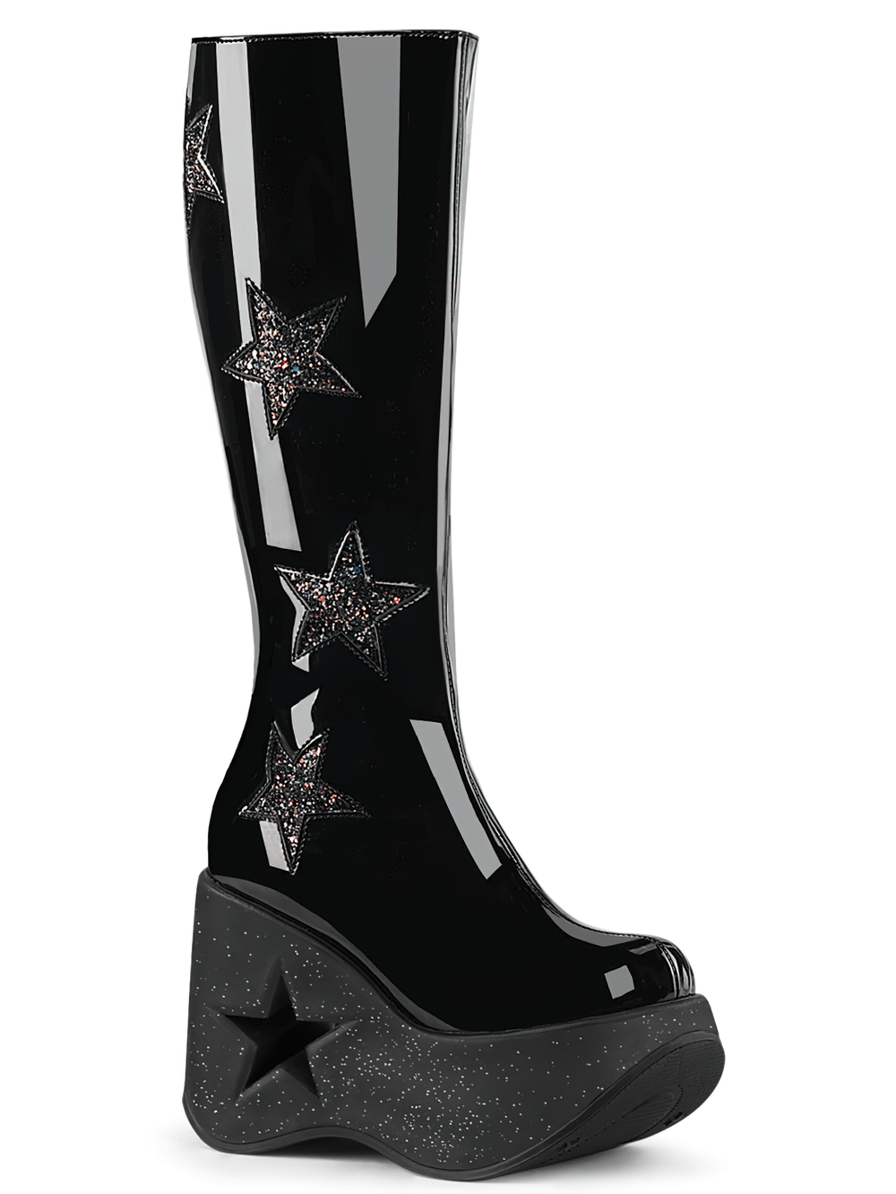 Demonia black glitter star platform wedge knee-high boots, featuring star cutouts and a dazzling 5-inch platform.