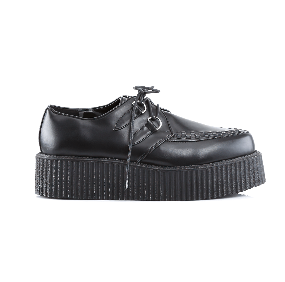 Demonia black goth punk vegan creeper shoes with 2-inch platform, featuring woven detailing and stylish design.