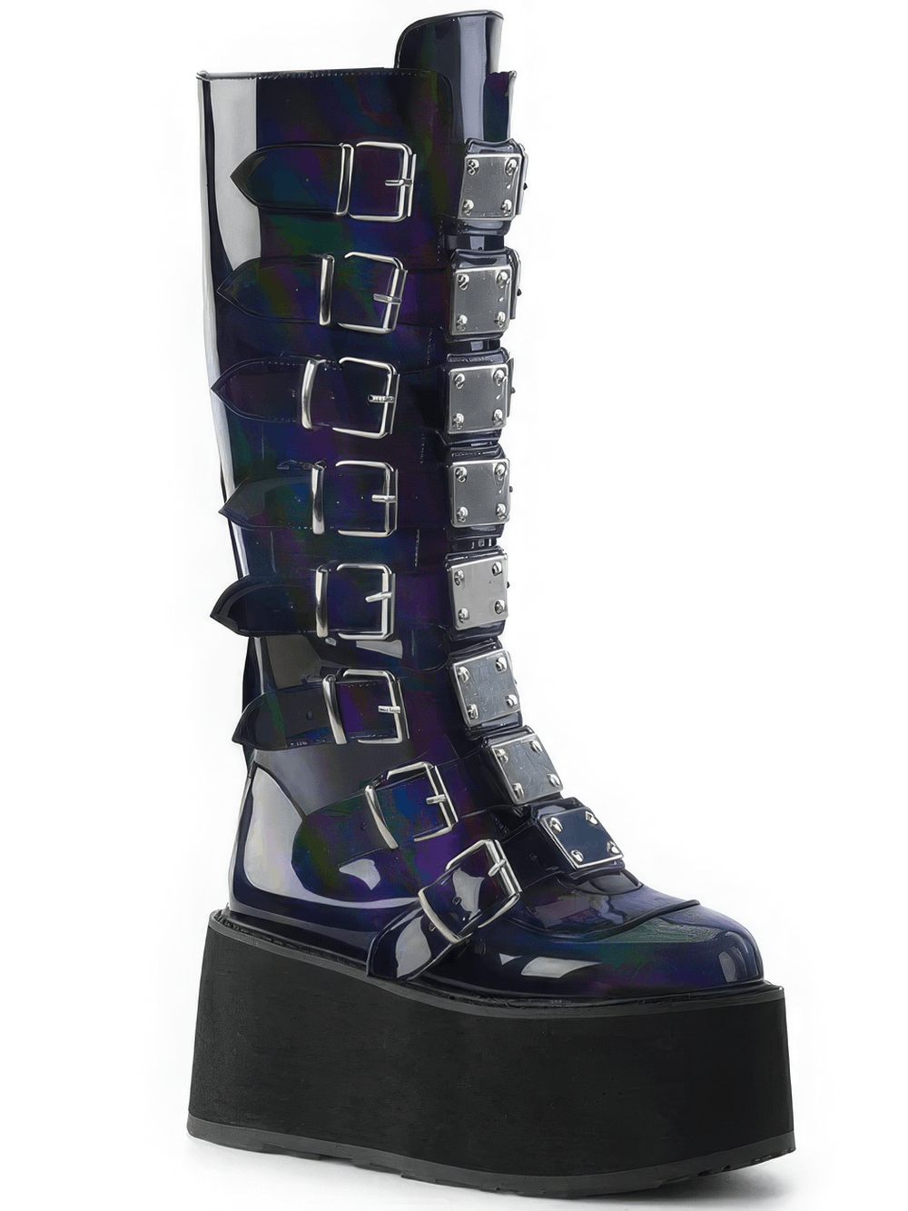 DEMONIA Black Hologram Platform Knee High Boots with Buckles