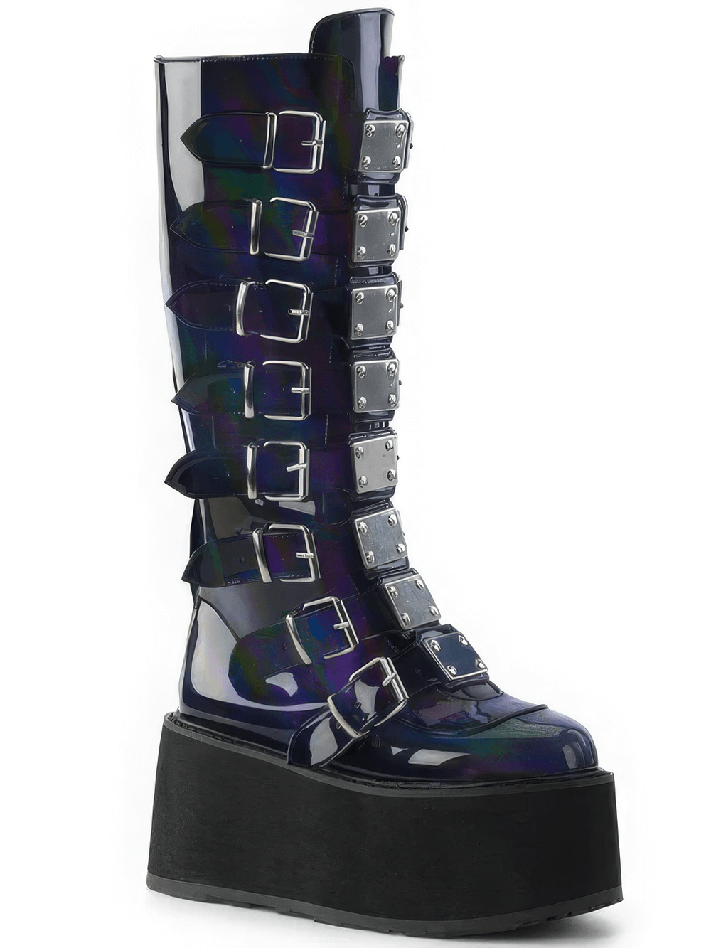 Demonia black hologram platform knee high boots with buckles and metal accents, perfect for a gothic style.