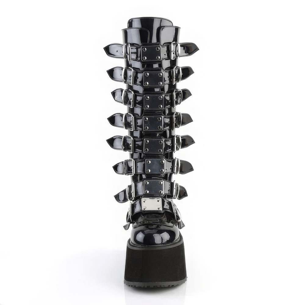 Demonia black hologram platform knee-high boots with buckle straps and a stylish 3 1/2" platform.