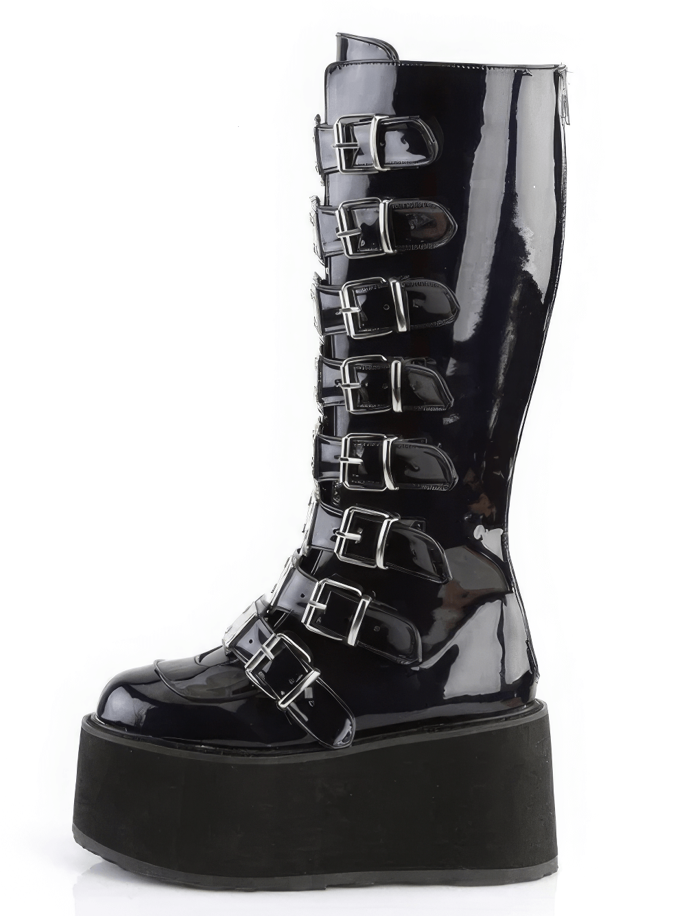 Gothic black hologram platform knee-high boots with buckle straps and metal accents.