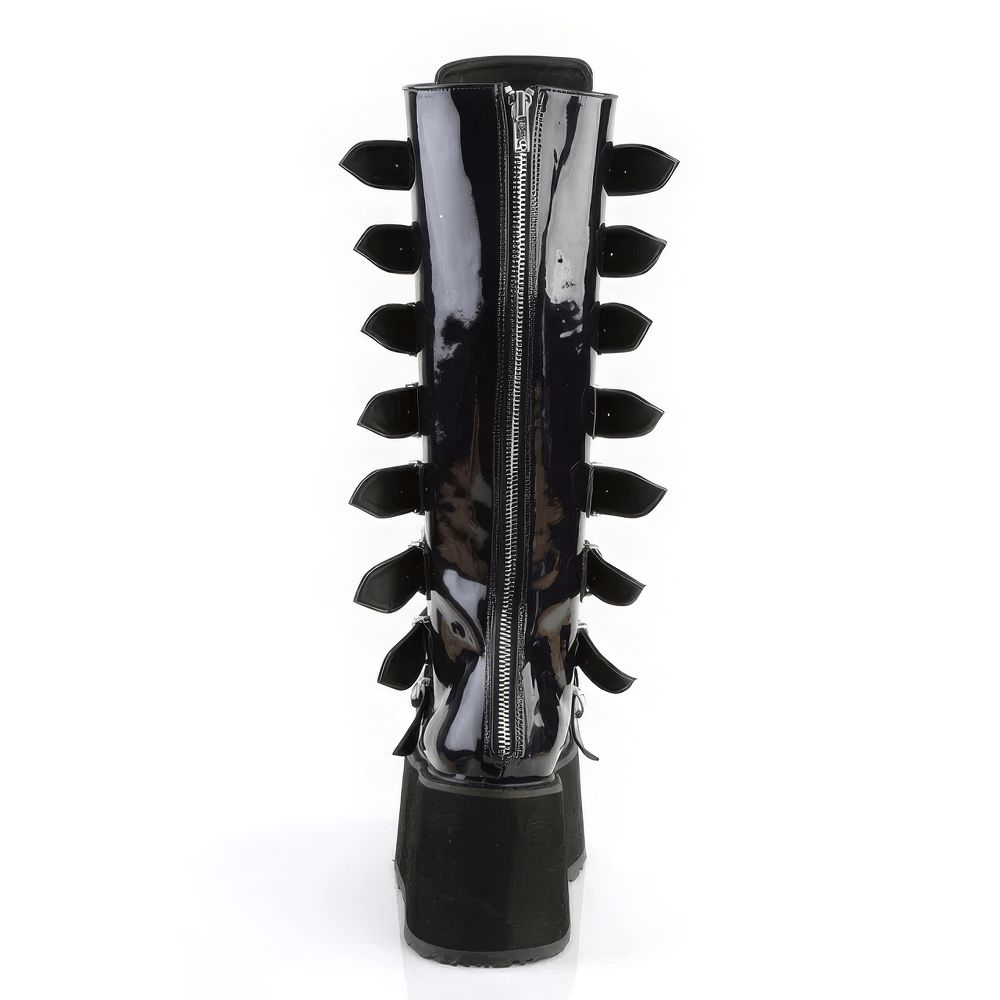 Back view of Demonia Black Hologram Platform Knee High Boots with buckles and a sleek zippered design.