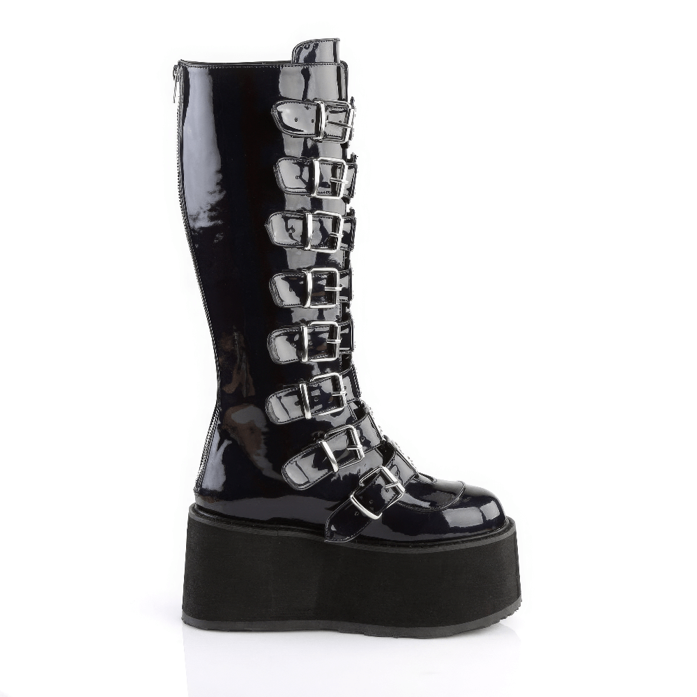 Demonia black hologram platform knee high boots with buckles and metallic accents, perfect for a bold gothic style.