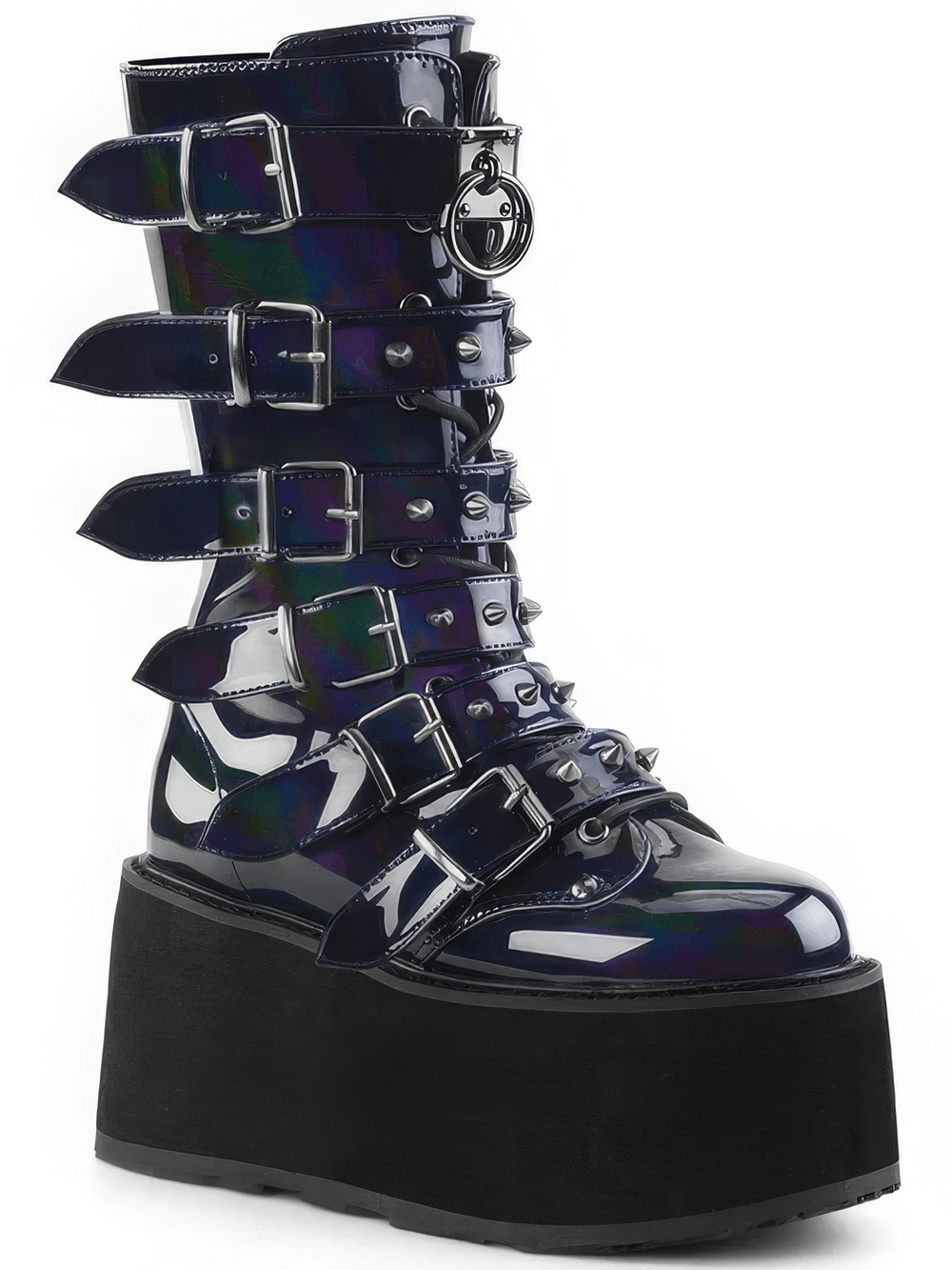 Black hologram mid-calf platform boots with studded buckle straps and a bold, edgy design.