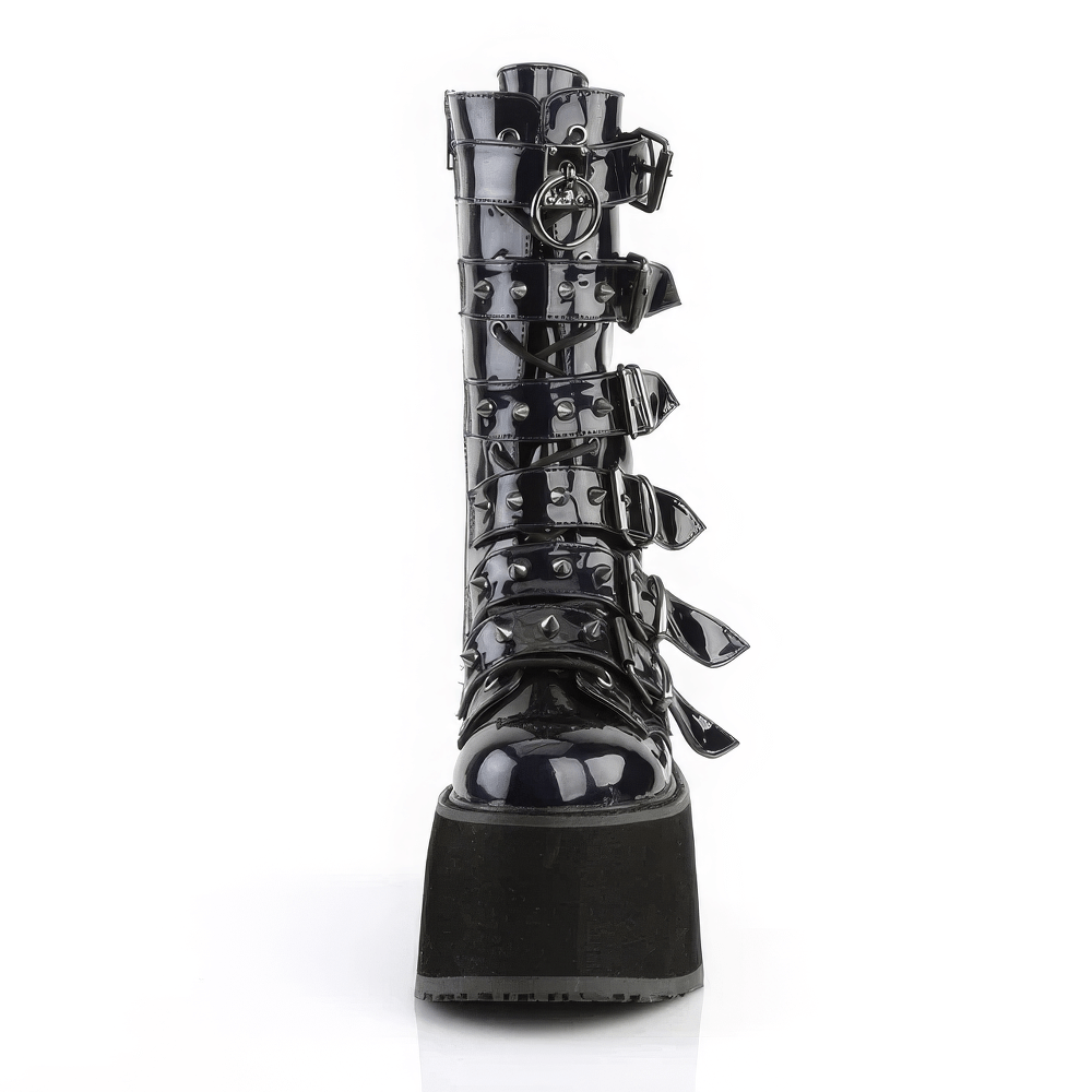 Bold black hologram studded mid-calf platform boots with cone-studded straps and lace-up detailing.