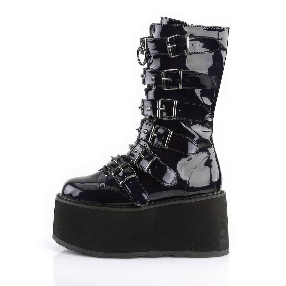 DEMONIA Black Hologram Studded Platform Mid-Calf Boots