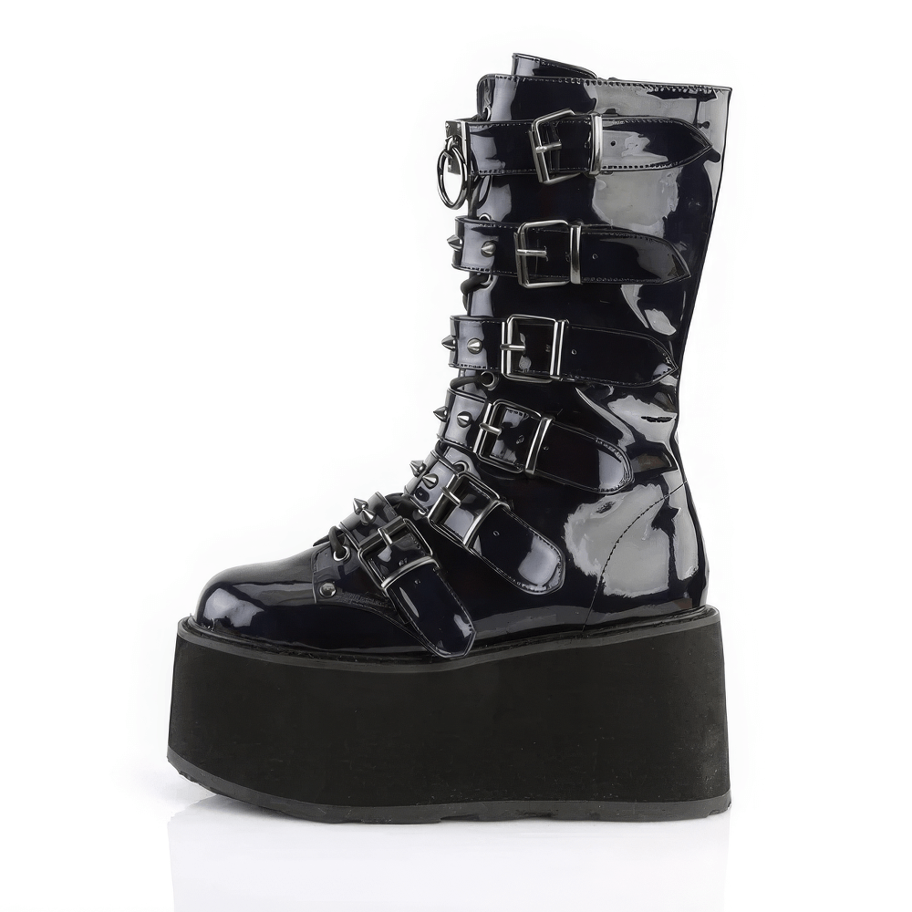 Demonia black hologram studded platform mid-calf boots with buckle straps and bold design.
