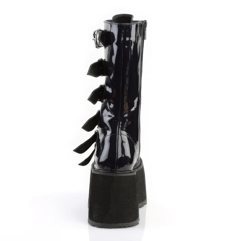 DEMONIA Black Hologram Studded Platform Mid-Calf Boots