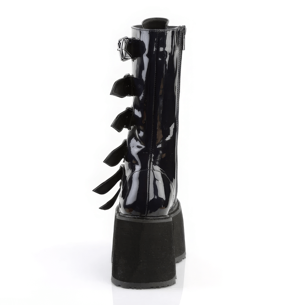 Side view of Demonia Black Hologram Studded Platform Mid-Calf Boots featuring lace-up design and metal studs.