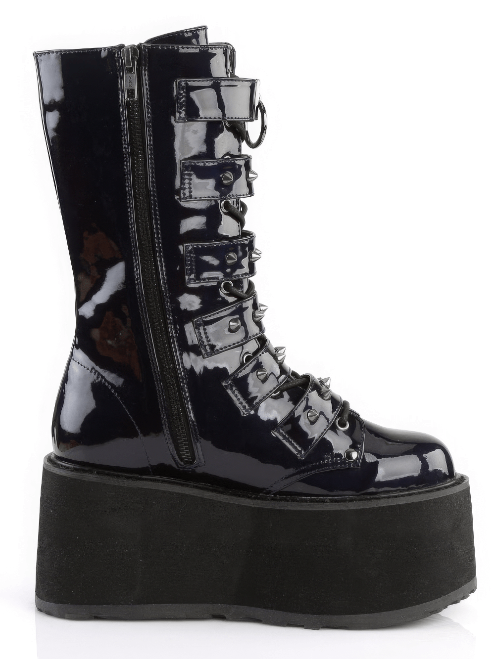 Black hologram studded platform mid-calf boots with lace-up front and metal buckle straps.