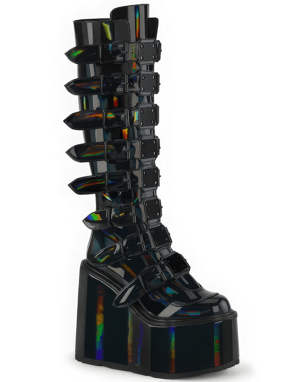 Futuristic black holographic platform knee-high boots with buckle straps for edgy glamour.