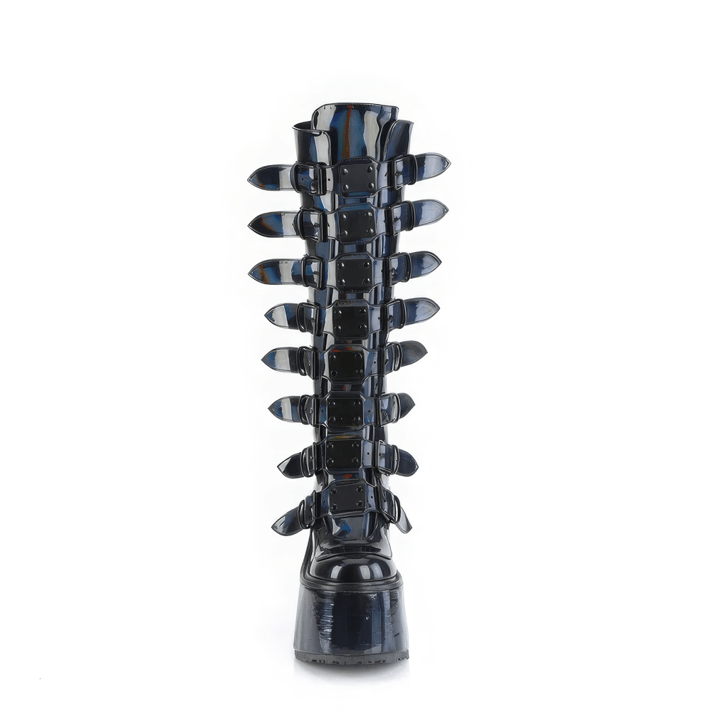 Futuristic black holographic knee-high platform boots with buckle details, showcasing edgy glamour and stunning design.