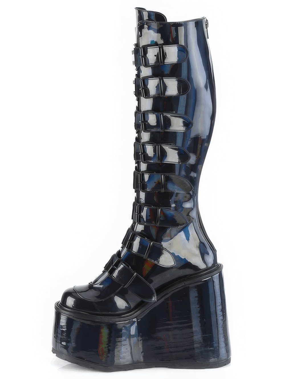 Futuristic black holographic knee-high platform boots with buckle straps and a striking 5.5 inch heel.