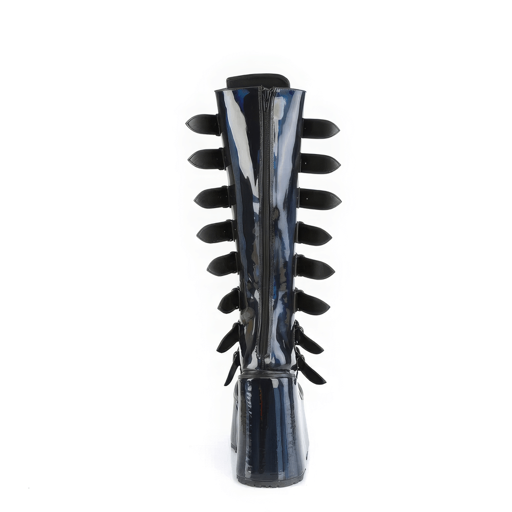 Back view of Demonia black holographic platform knee-high boots with buckle straps and shiny patent finish.