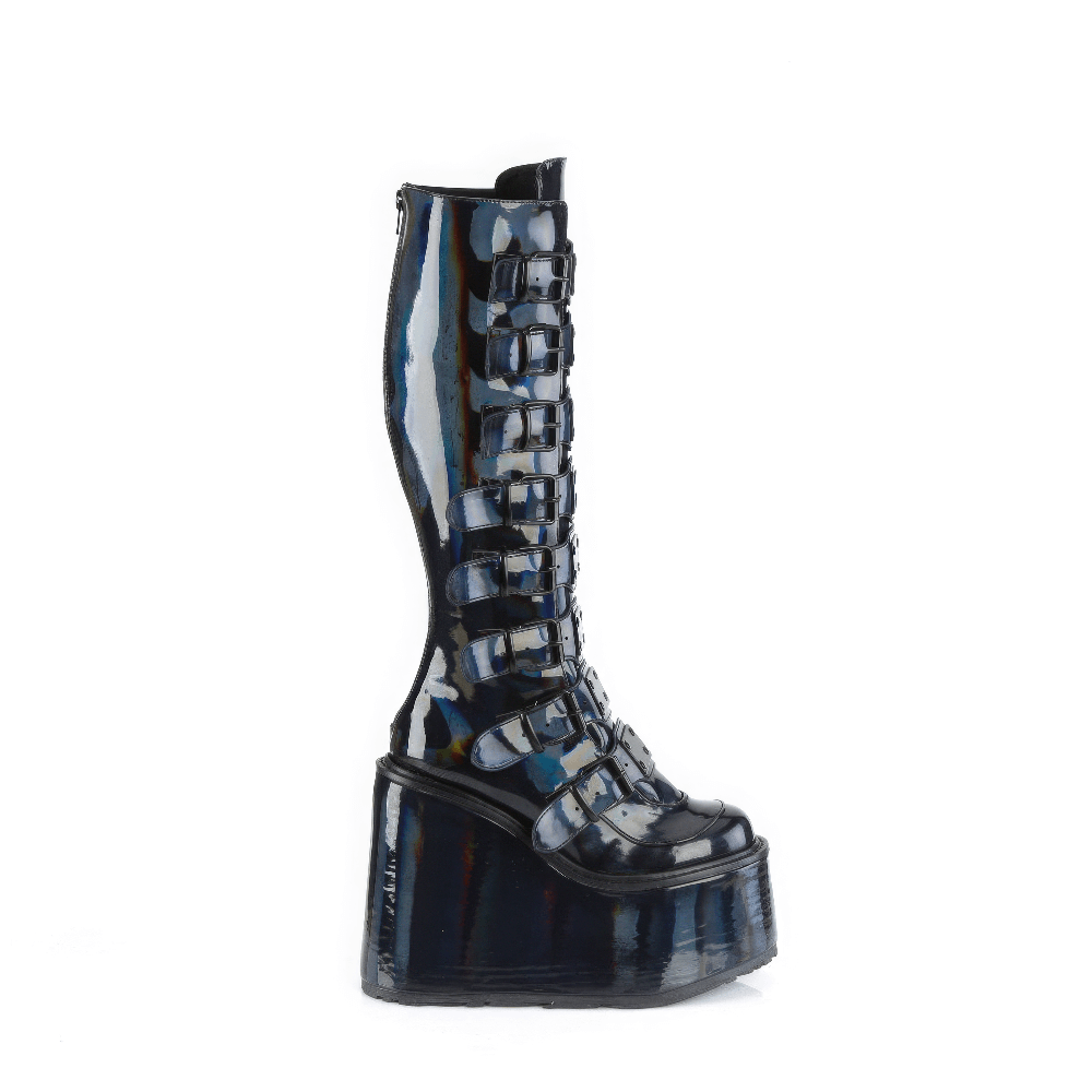 Futuristic black holographic knee-high platform boots with buckles and a 14cm heel, perfect for adding edgy glam.
