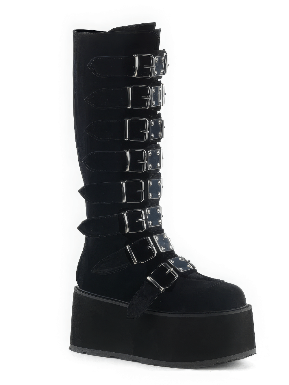 Daring black knee high platform boots with buckles and a 3.5-inch platform for a bold, rebellious style.