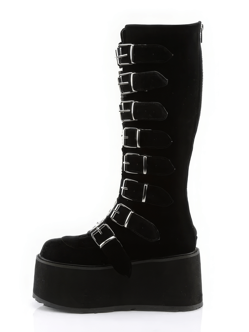 Daring black knee high platform boots with buckles and zipper for a bold, rebellious style.