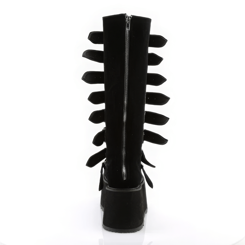 DEMONIA Black Knee High Boots with Buckles and Platform