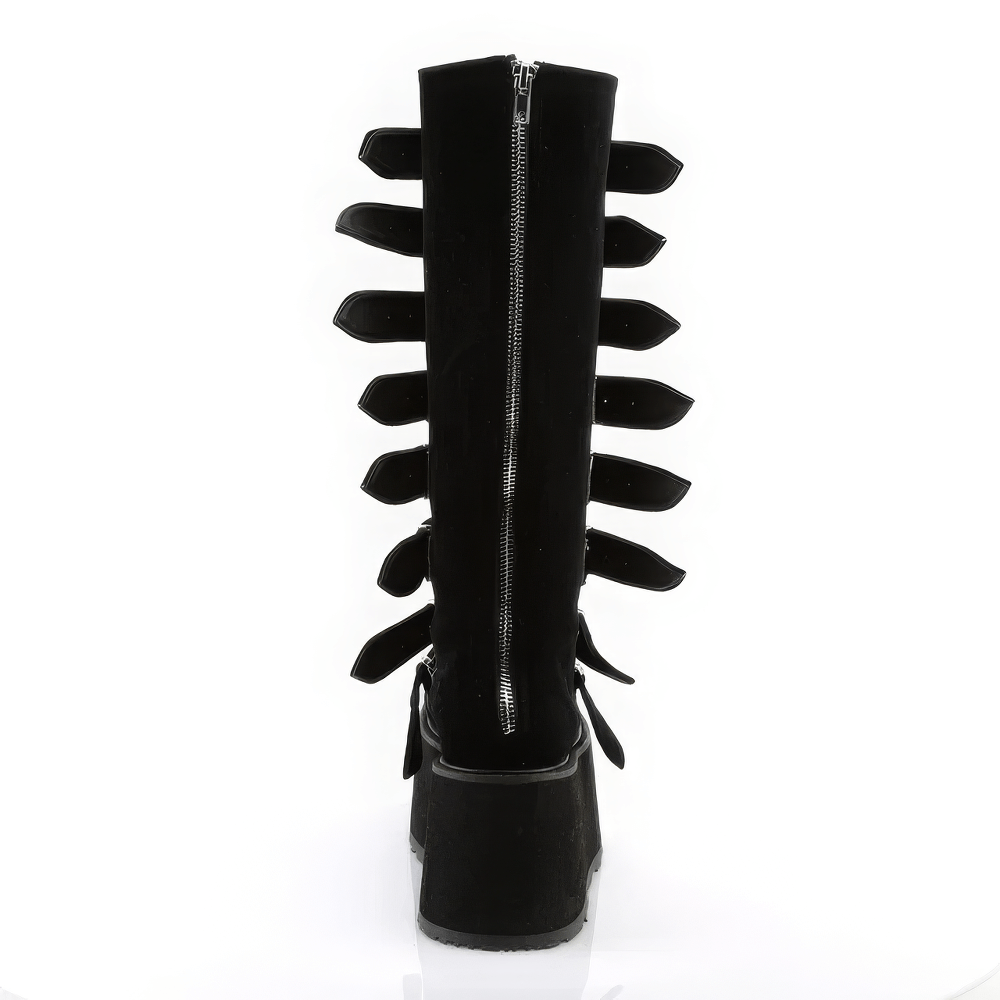 Black knee-high platform boots with buckles and a zip closure, showcasing a stylish, edgy design from the back.