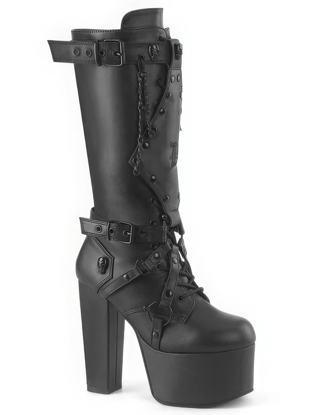 Gothic black knee high boots with chains and skull studs, featuring a 5.5-inch heel and stylish harness details.