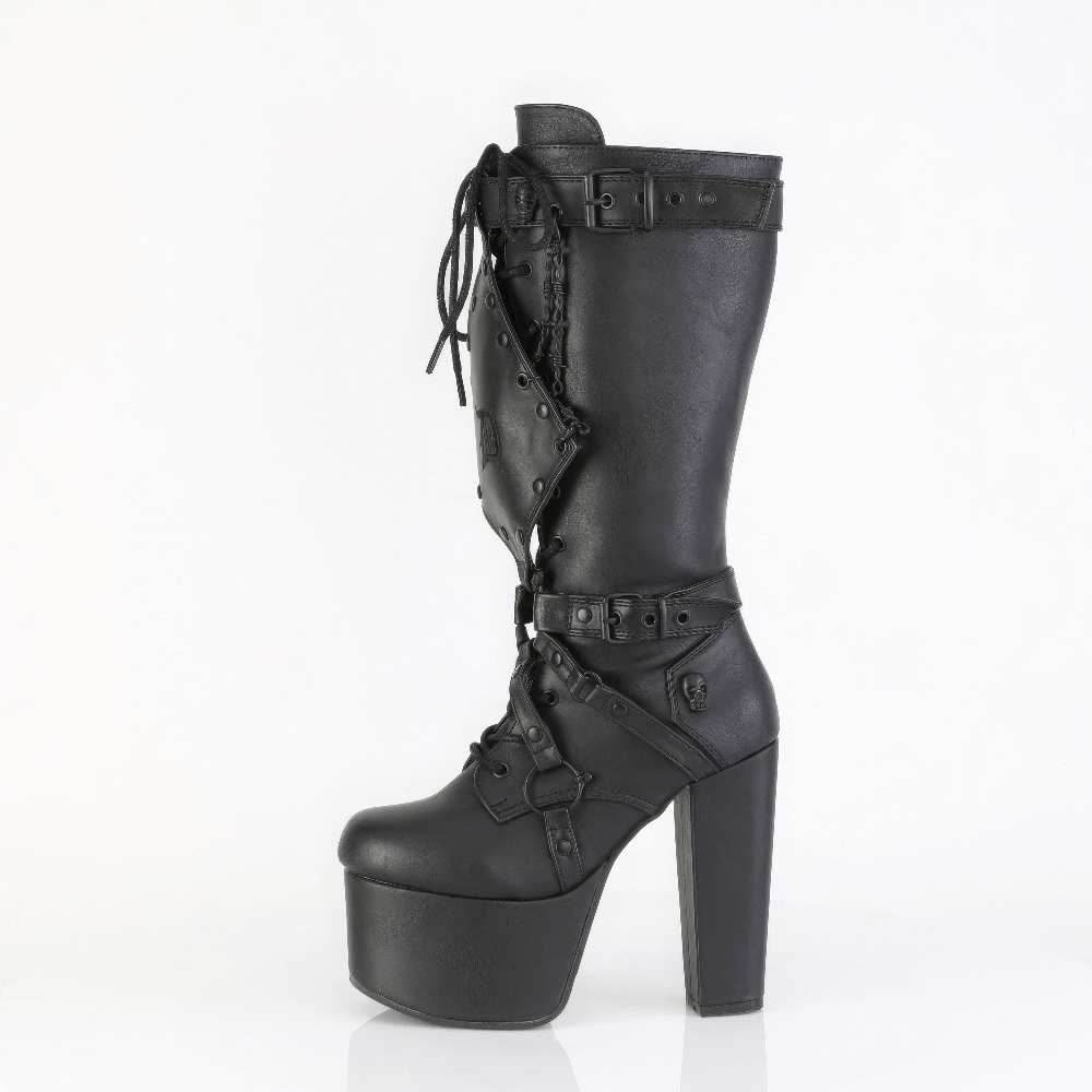 Gothic black knee high boots with harness, skull studs, and 5.5-inch heel for fierce fashion lovers.