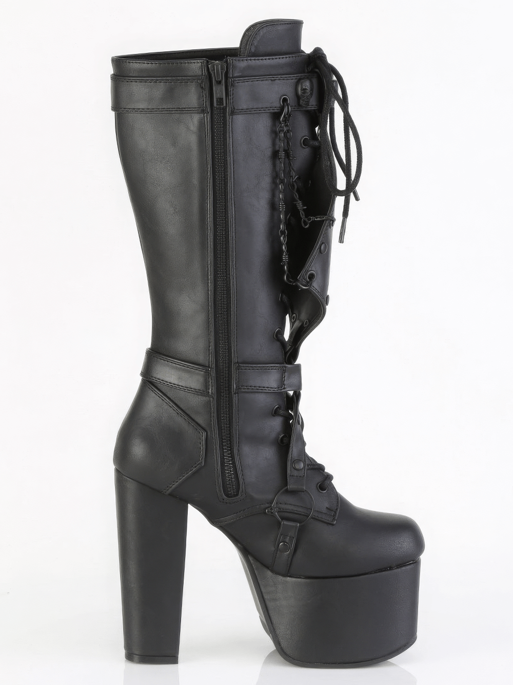 Demonia black knee high boots with chain, skull studs, and a fierce high heel, perfect for gothic fashion.
