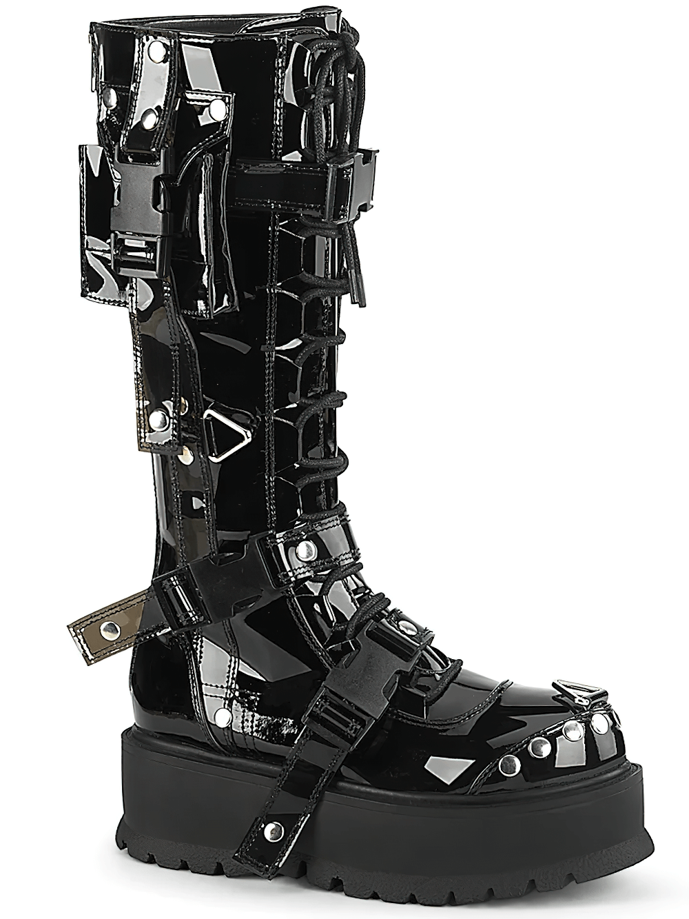 DEMONIA Black Knee-High Lace-Up Boots with Cargo Pocket