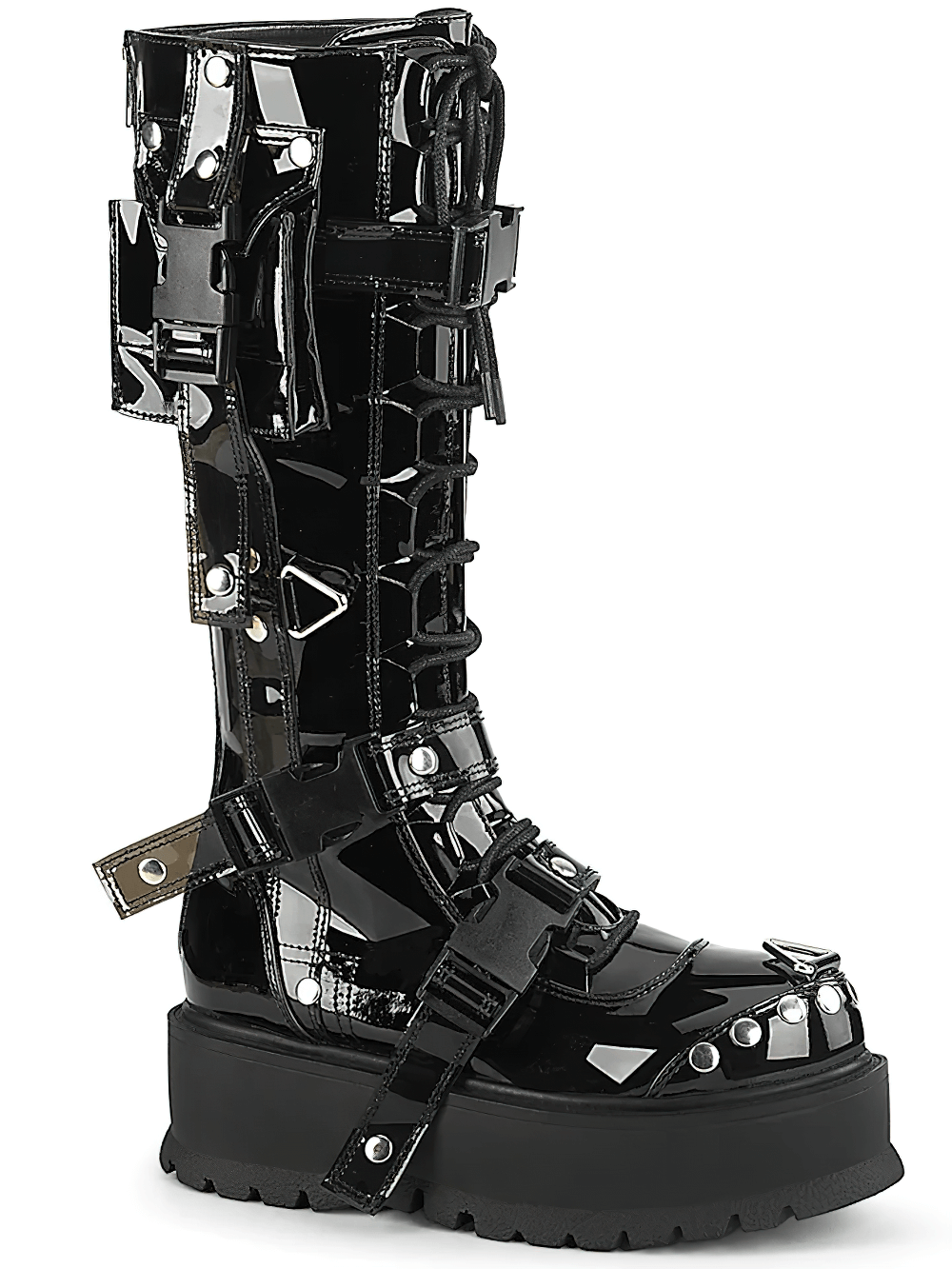 Demonia black knee-high lace-up boots with cargo pocket and buckle details, featuring a bold platform design.