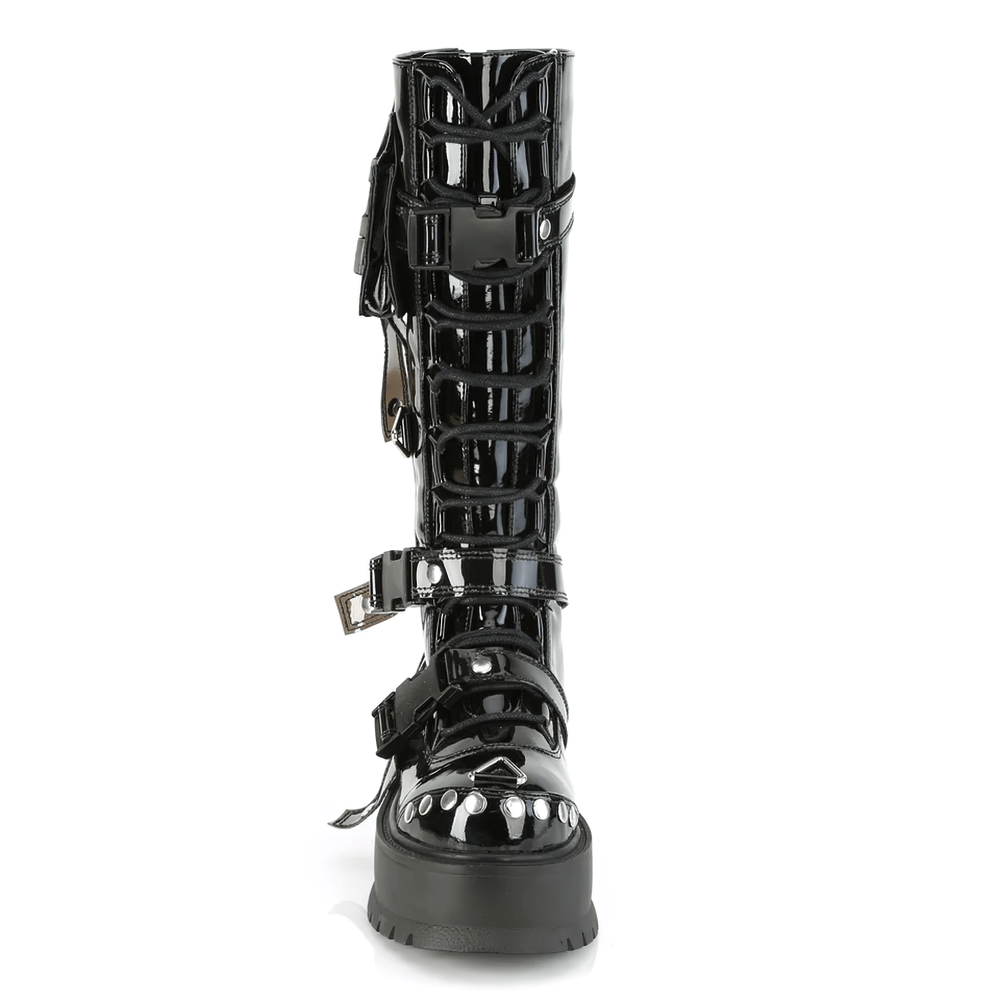 Demonia black knee-high lace-up boots with buckle details and cargo pocket, featuring a striking platform design.