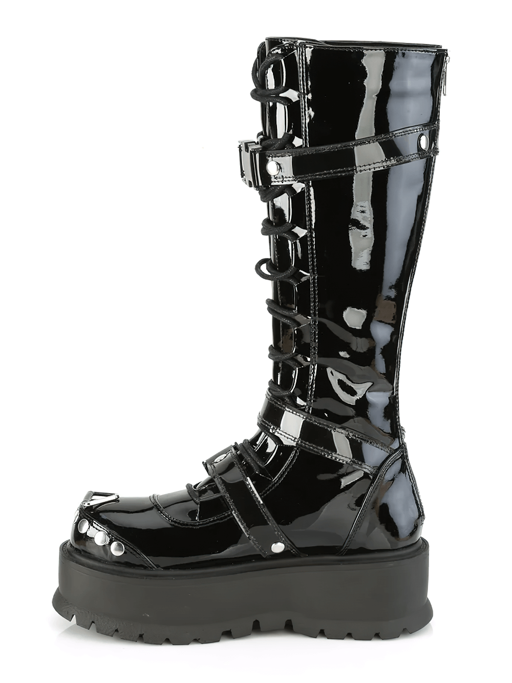 DEMONIA Black Knee-High Lace-Up Boots with Cargo Pocket