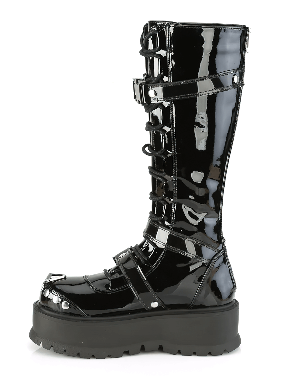 Demonia black knee-high lace-up boots with cargo pocket and platform sole, featuring shiny finish and buckle details.