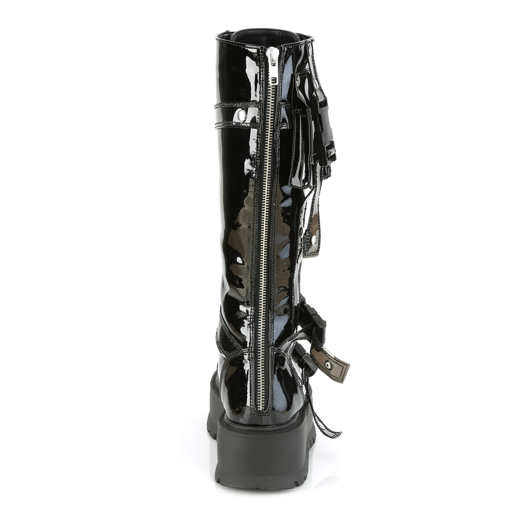 Back view of Demonia black knee-high lace-up boots with cargo pocket and shiny finish.