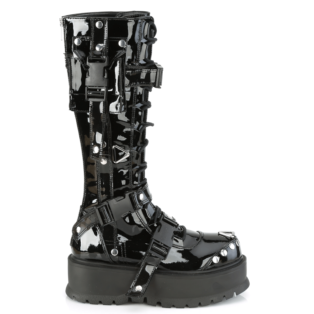 Demonia black knee-high lace-up boots with cargo pocket and buckle details, featuring a stylish 2-inch platform.