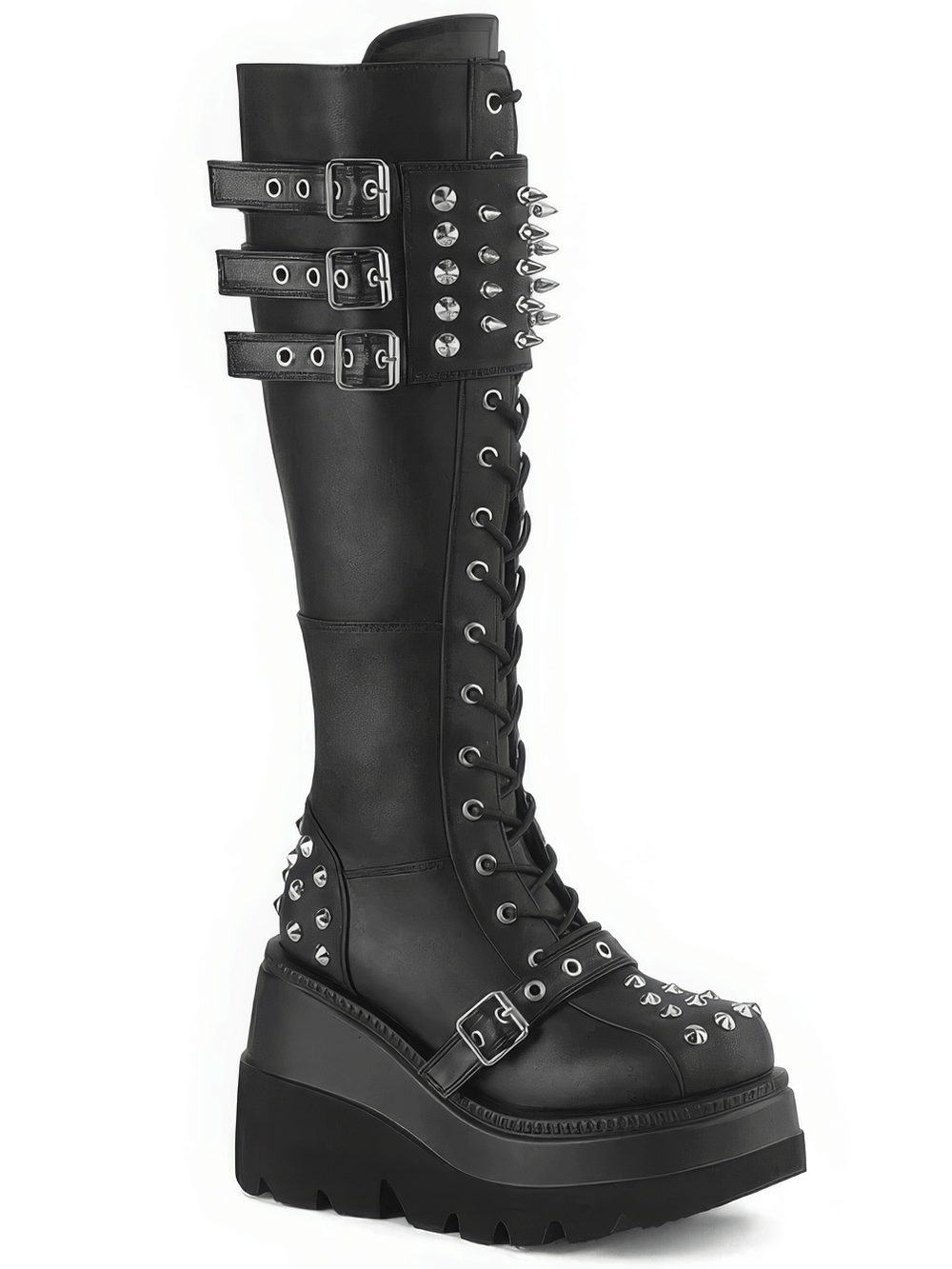 DEMONIA Black Knee-High Lace-Up Boots with Spiked Shield