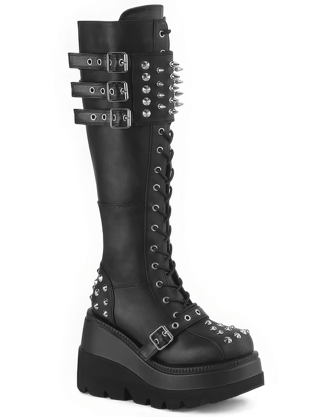 Demonia black knee-high lace-up platform boots with spiked shield and triple buckle design.
