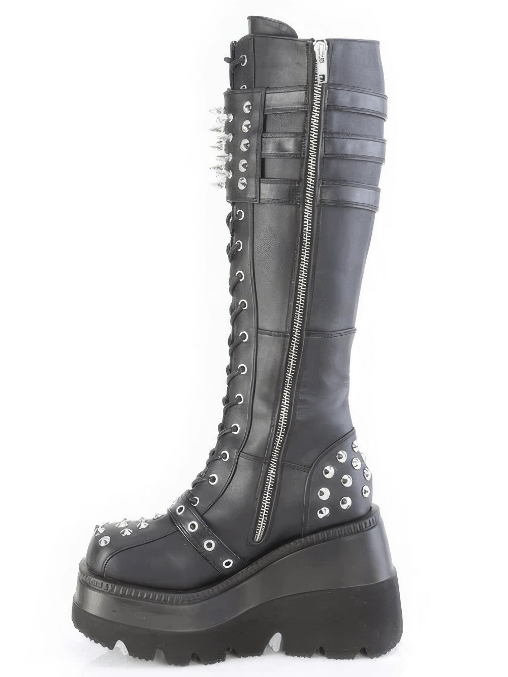 DEMONIA Black Knee-High Lace-Up Boots with Spiked Shield